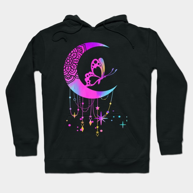 Butterfly Mandala Moon: Rainbow Pink Holographic Boho Trippy Hippie Colors Hoodie by ThePinkPrincessShop